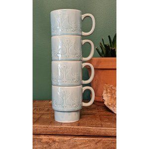 Vintage Set of Stacking Mugs/Teacups, Sky Blue Featuring Peacocks/Pheasants - Ma
